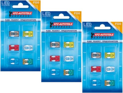 Sortiment, LED-Status Mini KFZ Sicherungen, F130, Set mit 36 Stück, 5A 7,5A 10A 15A 20A 25A 30A