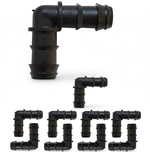 Suinga Codo Riego por Goteo 16 mm | Pack 10 Conector en L para Tuberia de Polietileno | Enlace Acodado de Goteo Rapido para Manguera y Huerto | Accesorio Profesional Color Negro