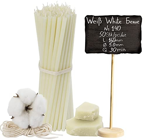 №140-50 Stk. Weiße Bienenwachskerzen-Kollektion: Traditionelle Stab- und Haushaltskerzen, Ritualkerzen sowie farbige Wachskerzen ein Set für Rituale L-16 cm Ø-5,0 mm, 30 Min Brenndauer