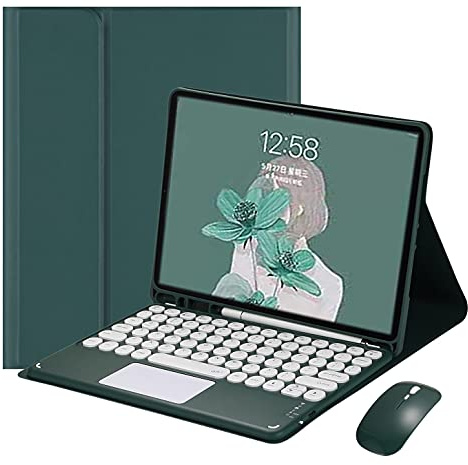HENGHUI Keyboard Case Mouse for iPad 6th/5th Generation 9.7, Air ＆ Air 2, iPad Pro 9.7 inch Case with Cute Round Key Detachable Bluetooth TouchPad Color Keyboard,Dark Green