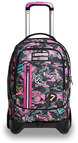 Trolley Scuola Seven Jack 2 Ruote - Camoulove Girl Ragazza - Zaino Sganciabile - Doppio Uso - Grigio, Rosa