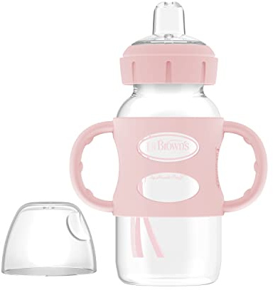 Dr. Brown's Milestones Wide-Neck Sippy Bottle with 100% Silicone Handles, Easy-Grip Bottle with Soft Sippy Spout, 9oz/270mL, 6m+, Light Pink, 1-Pack, BPA Free