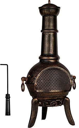 STILISTA Terrassenofen 112 cm aus Gusseisen mit Funkenschutz und Schürhaken, Antik Bronze