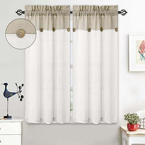 LuxFocus Cortinas de cocina para ventana, botones de patchwork, estampados, cortinas, cortinas de café, baño, medias cortinas para ventana, dormitorio, con barra, 114 cm, color beige