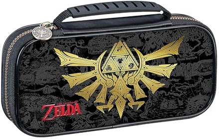Étui de Voyage pour Nintendo Switch OLED et Switch – Support réglable et étuis de Jeu en Bonus, poignée de Luxe, sous Licence Officielle, Marron, Couverture arrière