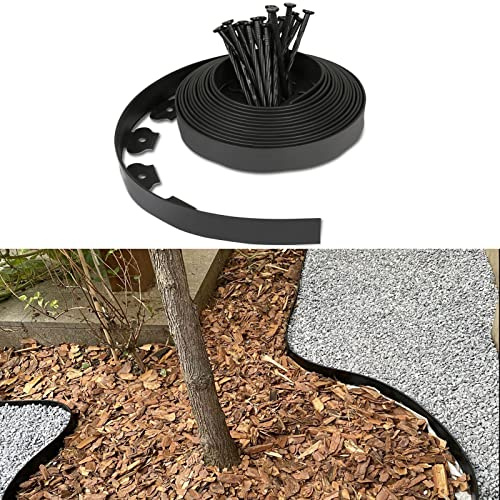 Herrselsam Bordure de pelouse Flexible en Plastique avec 30 piquets de Fixation pour l'ancrage, Bordure de Parterre, Bordure de Jardin, Longueur 10 m, Hauteur 5 cm, Noir