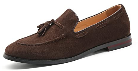 MANLADUO Mocasines de piel de ante para hombre, estilo británico, punta puntiaguda, con borlas y diseño sin cordones, Marrón, 41.5 EU