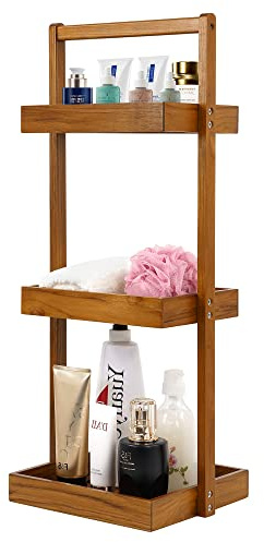 Utoplike Teak Shower Caddy Shelf, Standing Shower Organizer for Bathroom Corner, Wooden Freestanding Racks Storage for Inside Shower, Bath, Office, Stand Up 3 Tier Kitchen Desktop Organization