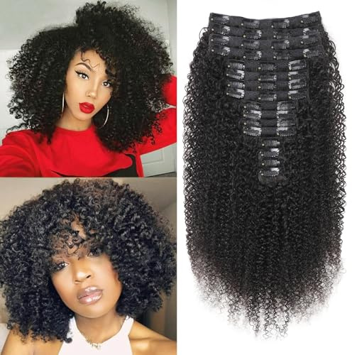 EINbeauty Kinky-Curly Clip in Extensions Echthaar 240g-16pc Invisible Perücke Extensions für Schwarze Frauen - Natürliche Schwarze Human Hair 12inch+14inch