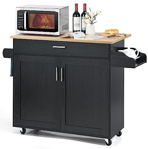 KOMFOTTEU Carrello da Cucina Ausiliario, Carrello di Servizio con Cassetto e Ripiano Regolabile, Isola da Cucina da Sala da Pranzo con Ruote Universali con Freni, in Legno, 116 x 40 x 85 cm, Nero