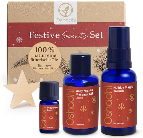 OSHADHI Festive Scents Geschenkset - Raumspray 30 ml - Duftöl 5 ml - Körper Öl 30 ml - Geschenkset Frauen & Männer - Geschenke für Weihnachten - Spa Aromatherapie Set - Naturreine Inhaltsstoffe