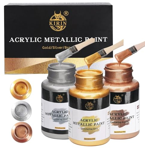 KIRIN Acrylfarben-Set, 375 g, Metallic Gold & Silber & Bronze, Blattgold für Kunst, Malerei, Handwerk, Ideenfarben für Stoff, Möbel, Holz, Ton, Leinwand, Bastelbedarf (3 Stück, 125 g/Flasche)