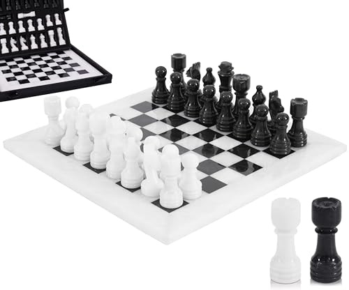 12 handgjort schackset i vit och svart marmor för vuxna - 1 bräde och 32 schackpjäser för 2 spelare - Reseschackset