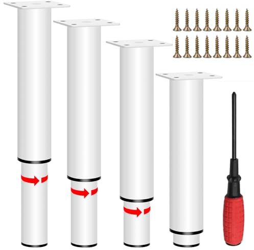Weinsamkeit 4 Pieds de Meubles en Métal, Pieds de Meuble Réglables 25-43 cm avec vis et Tournevis, Hauteur Réglable 0-40 mm, Chargeable Jusqu'à 800 kg, Pieds de Meuble pour Canapé, Lit, Blanc