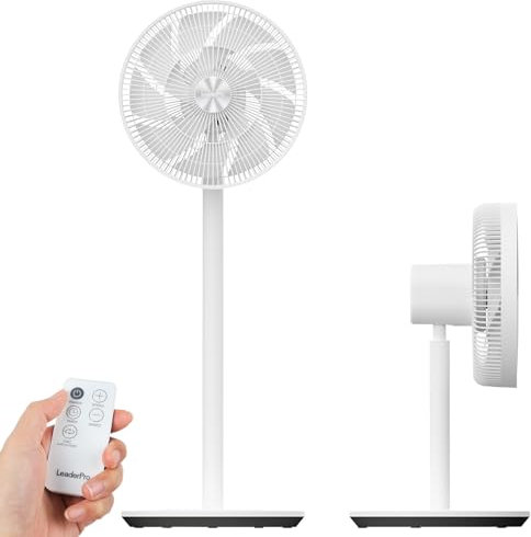 LeaderPro DC Floor Standing Fan with Remote Control, Oscillating Pedestal Fan, Air Circulator Fan Tiltable Height Adjustable Electric Fan, Powerful 8 Speed, 12.8dB Quiet for Bedroom/Silent Fan, White