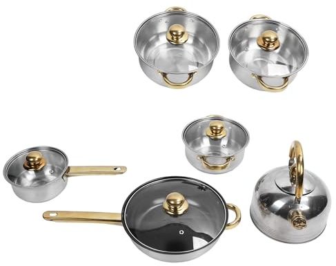 Cookware Set, Stainless Steel Cookware Set with Full Set of Pots and Pans, Stovetop Applicable, Elegant and Stylish for Most Kitchen Use (Gold Handle with Kettle)