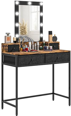 HOMCOM Sminkbord i industriell stil - inbyggd justerbar LED-spegel - metallfot svart - 4 tyglådor - dim. 90 L x 40 l x 148 H cm mörkt trä utseende