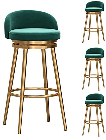 Farmhouse Barhocker aus Samt, 4 Stück, Thekenhöhe, Drehhocker mit Rückenlehne, gepolsterter Sitz, 360° drehbar, goldfarbene Metallbeine, Grün, 65 cm Höhe