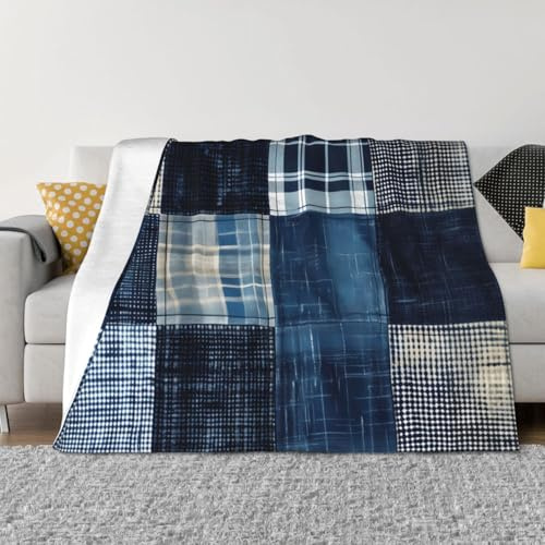 Coperta per divano, coperta patchwork indaco, morbida, pelosa, comoda, calda, leggera, in flanella, per divano e letto, per tutte le stagioni, 127 x 101,6 cm
