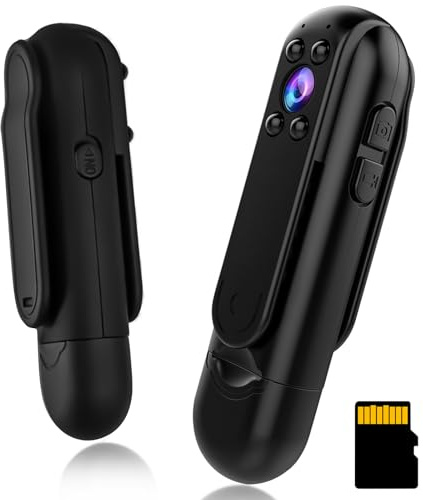 WOTCHA Telecamera per il corpo con scheda da 32 GB, mini videocamera HD 1080P con rilevamento del movimento, visione notturna a infrarossi, piccola fotocamera tascabile portatile indossabile per sport