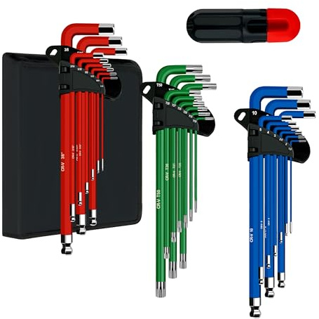 C&T 27-Piece Allen Wrenches Sets, Allen Key Set, SAE(1/16-3/8), Metric(1.5-10mm), TORX(T10-T50), Metric & SAE Ball End & T-Handle, CR-V, for Bike, Motorcycle, Furniture Repair