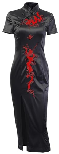 FDKLOOK Womens Cheongsam Dress Dragon Embroidery Gothic Emo Outfit | Satin Fabric,Evening Party,Side Split Qipao,Traditional Chinese Outfit,Mock Neck,Cap Sleeve,Halloween Costume,Maxi Dress
