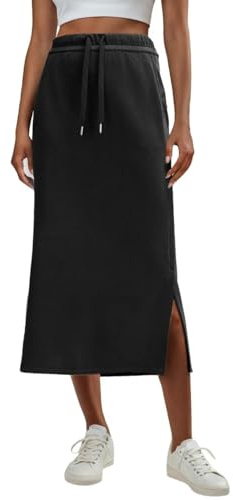 GRECERELLE Falda larga ajustable de cintura alta con cordón para mujer, de caída gruesa, antiarrugas, casual, con 2 bolsillos profundos y abertura lateral para otoño e invierno, Negro, XXL