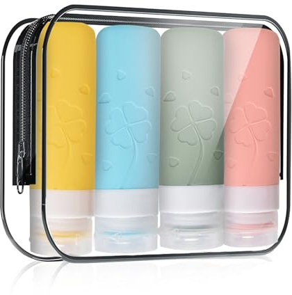 KUKUPOW 4 Pezzi Flaconi da Viaggio in Silicone, Contenitori da Viaggio per Liquidi 90ml, Silicone alimentare Bottiglie da Viaggio Nessun BPA, per Shampoo, Balsamo, Crema, Lozione, per Viaggio in Aereo