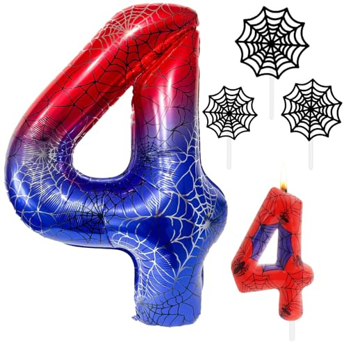 Decoración Cumpleaños Araña 4 Años, Globo 40 Pulgadas con Telaraña y Número 4 con Vela Cera Número 4 y Decoración Tartas Telaraña, Decoraciones de Fiestas de Niño Cumpleaños Araña Temáticas
