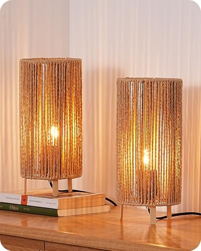 EDISHINE Boho Bedside Lamps Set of 2, Rattan Table Lamp for Living Room, Bedroom, LED Bulb Included, E27 Base, Vertical Stripes Lampshade