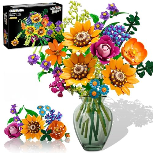 CUBIMANA Bouquet de fleurs sauvages avec lumières - Collection de 18 fleurs botaniques blocs de construction tournesol rose plantes décoration d'intérieur cadeau pour adultes femmes filles(912 pièces)