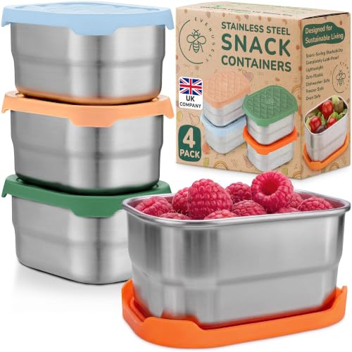 Everusely - Recipientes para aperitivos de acero inoxidable - 240 ml, paquete de 4, Fall Fest - Cajas de almacenamiento de alimentos a prueba de fugas + tapas - Recipientes familiares reutilizables