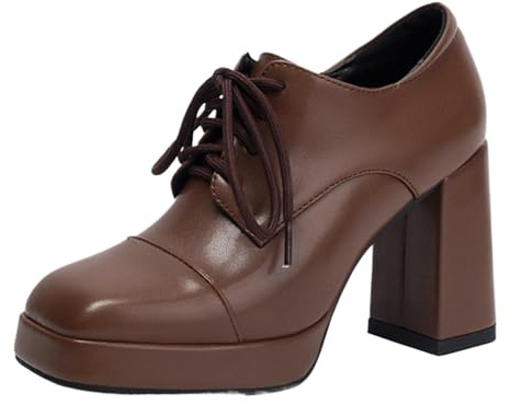 Vrupons Zapatos de plataforma para mujer, tacón de 9,5 cm y plataforma de 2 cm, Oxford con cordones, retro, puntera cuadrada antideslizante, marrón, 36 EU