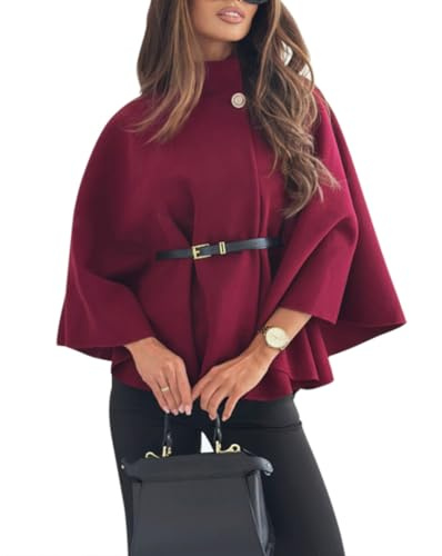 Minetom Damen Umhang Elegant Herbst Winter Poncho mit Gürtel Einfarbig Wollmantel Knopf Warm Mantel Cape