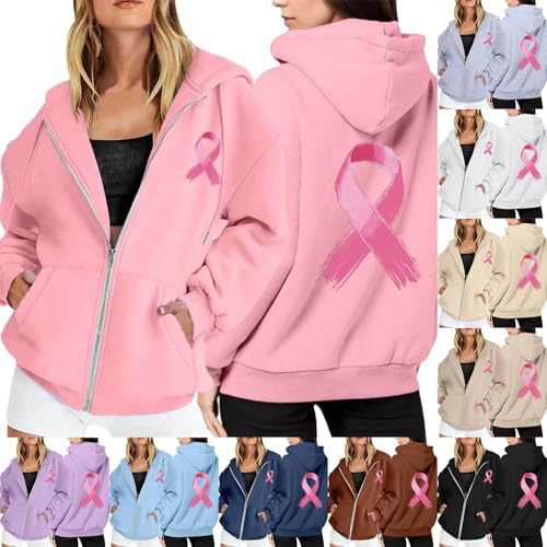 Jabidoos Octobre Rose Sweat a Capuche Femme - Pull Octobre Rose Femme Veste Mi Saison Gilet Automne Sweat Zippé Oversize Sweatshirts Hiver Chaude