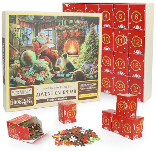 Puzzle Adventskalender 2025 Weihnachtspuzzle Adventskalender, 24 Tage 1008 Teile Adventskalende Weihnachtsmann Puzzle, Weihnachtsgeschenke für Erwachsene und Kinder(A)
