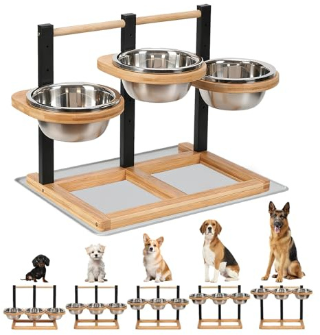 Gamelle pour chien surélevée pour chien - 5 niveaux réglables en hauteur - Avec 3 gamelles en acier inoxydable de 1400 ml et un tapis anti-fuite - Cette gamelle en bois réglable en hauteur comprend un