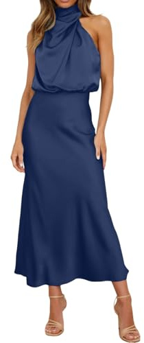 Robe longue d'été en satin pour femme avec col montant, sans manches, fente latérale, fluide