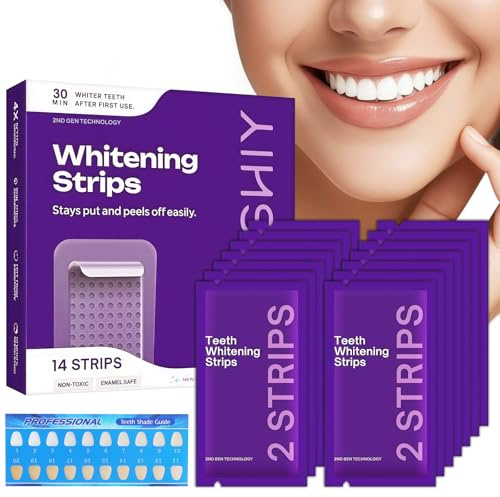 Tiras Blanqueadoras Dientes Sensibles,14 Whitening Strips Lila con Fórmula 4X - Blanqueamiento Dental sin Dolor para Café y Té - Cuidado Bucal Diario para Hombre y Mujer ilumina la Sonrisa