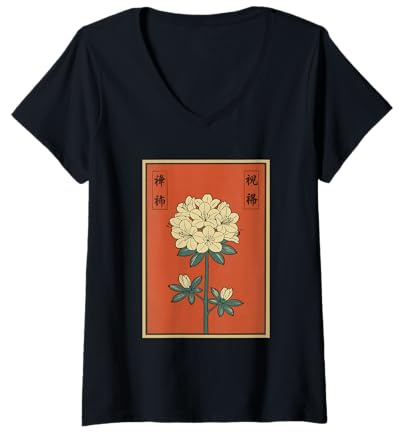 Women's Vintage Japanese Azalea Flower Japan Floral Art Oriental V-Neck T-Shirt