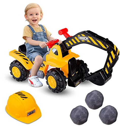 COSTWAY Sitzbagger mit eingebautem Ablagefach, Kinderbagger mit Horn, Sandbagger, Rutscher Bagger, Schaufelbagger, Aufsitzbagger für Kinder ab 3 Jahren, inkl. 3 Steine und Helm