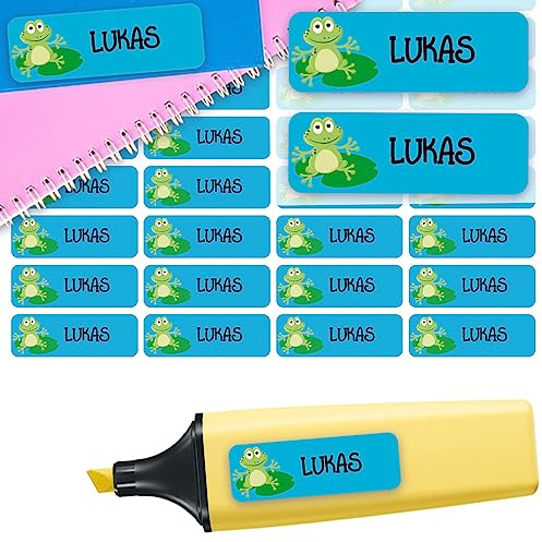 Namensaufkleber Frosch personalisiert wasserfest 60 Stück Schule Kita Set | Namenssticker mit Wunschname für Brotdose Trinkflasche Stifte Schule Federmappe Kindergarten Schulstart spülmaschinenfest
