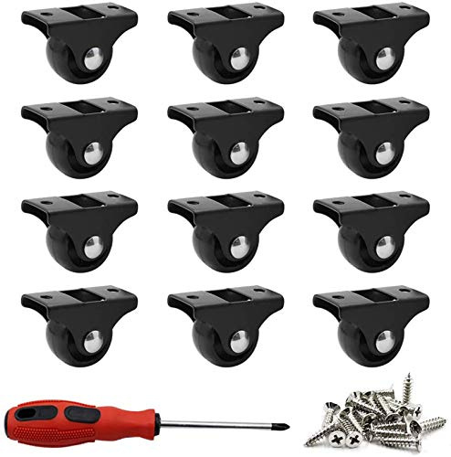 ZXHAO 12 Pack 1 Caster Wheels Rigid Fixed Non Swivel Casters with Metal Top Plate Hard Plastic Wheels for Furniture, Black