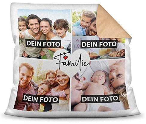 Print Royal Kissen mit Füllung - Fotocollage selbst gestalten mit Spruch - Familie - mit Vier eigenen Fotos - Geschenkidee Fotokissen - Farbkissen Rückseite Beige