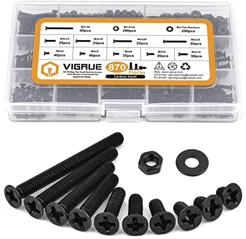 VIRGUE 870Pcs M3 Flat Head Phillips Machine Screws Black, M3 x 4/5/6/8/10/12/16/20/25/30mm Countersunk Metric Machine Screws Assortment Kit