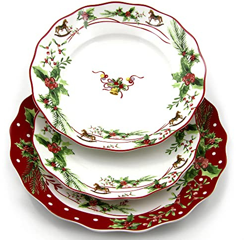The Royal Family Weihnachtsteller Dekor Canpanelle und Schaukelpferde für 6 Tische (18 Teile) aus Porzellan glänzend und widerstandsfähig Christmas Dream