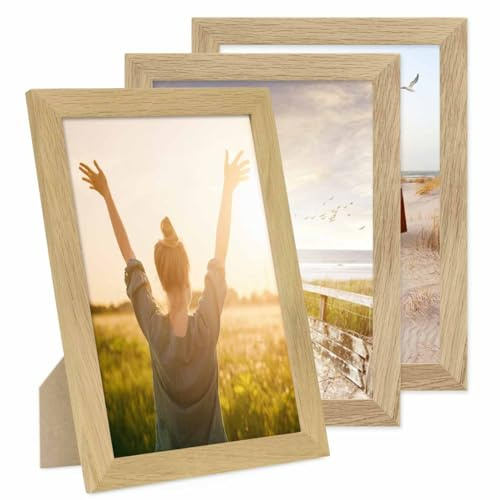 PHOTOLINI Bilderrahmen A4 Holz Eiche Set, 3er Set breite DIN A4 Bilderrahmen Holz 21x30, bruchsicheres Acrylglas, picture frame zum Aufhängen & Aufstellen, Bilder Rahmen 30x21 mit Zubehör