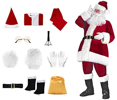 Licus Weihnachtsmann Kostüm Deluxe, 11-Teilig Nikolauskostüm Santa Claus-Erwachsenenkostüm Cosplay Party Karneval