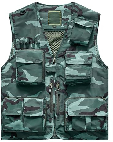 Flygo Men's Casual Lightweight Outdoor Fishing Work Safari Travel Photo Cargo Vest Jacket Multi Pockets(3X-Large, Camo Green)