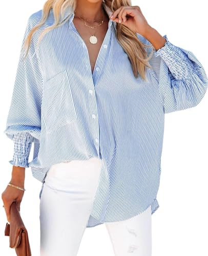 MINTLIMIT Women's Smocked Cuffed Striped Button Down Shirt Long Sleeve Oversize Blouse Tops for Women 2024 Blue